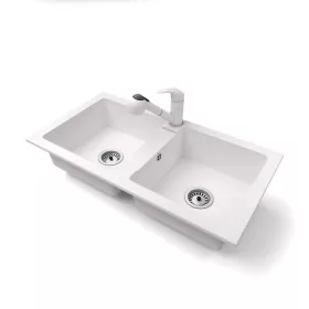   Gránit mosogató NERO Lybra + kihúzható zuhanyfejes Shower csaptelep + szifon (fehér)