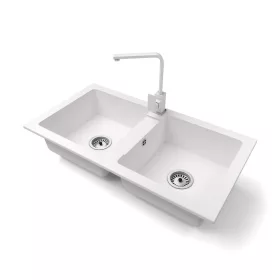   Gránit mosogató NERO Lybra + Design csaptelep + szifon (fehér)