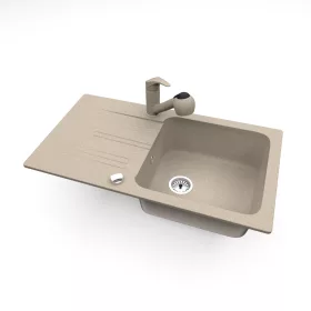   Gránit mosogató NERO Malta + kihúzható zuhanyfejes Shower csaptelep + dugókiemelő (bézs)