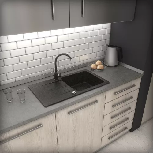 Gránit mosogató NERO Malta + Design csaptelep + dugókiemelő (fekete)