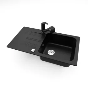   Gránit mosogató NERO Malta + kihúzható zuhanyfejes Shower csaptelep + dugókiemelő (matt fekete)