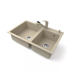   Gránit mosogatótálca NERO Palazzo + kihúzható zuhanyfejes Shower csaptelep + adagoló (bézs)