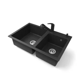   Gránit mosogatótálca NERO Palazzo + kihúzható zuhanyfejes Shower csaptelep + adagoló (fekete)
