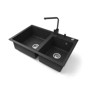   Gránit mosogatótálca NERO Palazzo + Design csaptelep + adagoló + dugókiemelő (fekete)