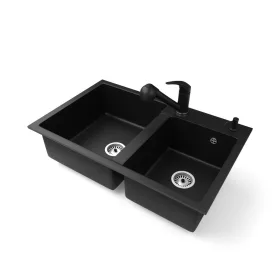   Gránit mosogatótálca NERO Palazzo + kihúzható zuhanyfejes Shower csaptelep + adagoló (matt fekete)