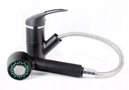 Gránit mosogatótálca NERO Palazzo + kihúzható zuhanyfejes Shower csaptelep + adagoló (matt fekete)