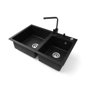   Gránit mosogatótálca NERO Palazzo + Design csaptelep + adagoló + dugókiemelő (matt fekete)