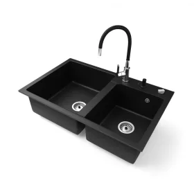   Gránit mosogatótálca NERO Palazzo + flexibilis csaptelep + adagoló + dugókiemelő (matt fekete)