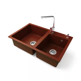   Gránit mosogatótálca NERO Palazzo + Design króm csaptelep + adagoló (piros)