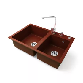   Gránit mosogatótálca NERO Palazzo + Design króm csaptelep + adagoló + dugókiemelő (piros)