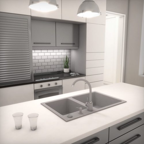 Gránit mosogatótálca NERO Palazzo + kihúzható Linea csaptelep + adagoló (szürke)