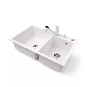   Gránit mosogatótálca NERO Palazzo + kihúzható zuhanyfejes Shower csaptelep + adagoló + dugókiemelő (fehér)
