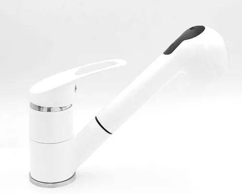Gránit mosogatótálca NERO Palazzo + kihúzható zuhanyfejes Shower csaptelep + adagoló + dugókiemelő (fehér)
