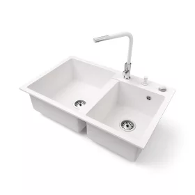   Gránit mosogatótálca NERO Palazzo + kihúzható Linea csaptelep + adagoló + dugókiemelő (fehér)