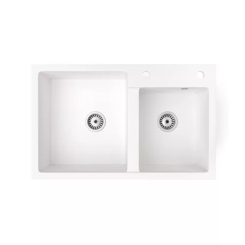 Gránit mosogatótálca NERO Palazzo + kihúzható Linea csaptelep + adagoló + dugókiemelő (fehér)
