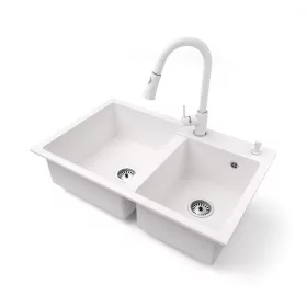   Gránit mosogatótálca NERO Palazzo + kihúzható zuhanyfejes Snake csaptelep + adagoló + (fehér)