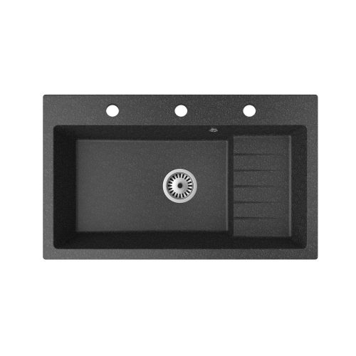 Gránit mosogatótálca NERO Boss + kihúzható Linea csaptelep + adagoló + dugóemelő (fekete)