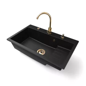   Gránit mosogatótálca NERO Boss + magasított Gold csaptelep + adagoló + dugókiemelő (matt fekete)