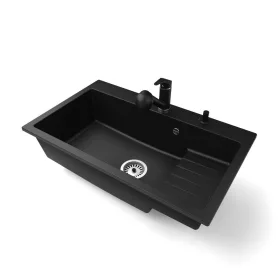   Gránit mosogatótálca NERO Boss + kihúzható Shower csaptelep + adagoló (matt fekete)