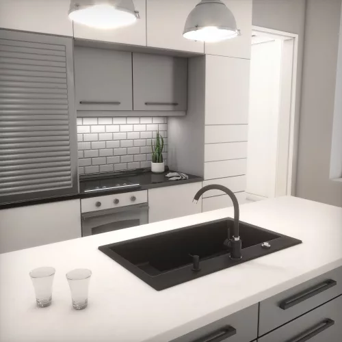  Gránit mosogatótálca NERO Boss + Design csaptelep + adagoló + dugókiemelő (matt fekete)