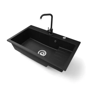   Gránit mosogatótálca NERO Boss + Steel csaptelep + dugókiemelő (matt fekete)