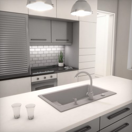 Gránit mosogatótálca NERO Boss + kihúzható Shower csaptelep + adagoló + dugókiemelő (szürke)