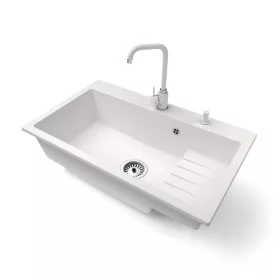   Gránit mosogatótálca NERO Boss + Steel csaptelep + adagoló + dugókiemelő (fehér)