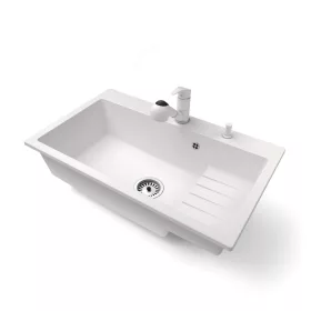   Gránit mosogatótálca NERO Boss + kihúzható Shower csaptelep + adagoló + dugókiemelő (fehér)