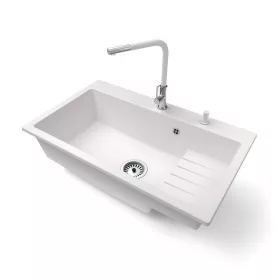   Gránit mosogatótálca NERO Boss + kihúzható Linea csaptelep + adagoló + dugóemelő (fehér)