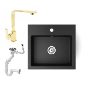   Gránit mosogató NERO Uno + Design Gold csaptelep (matt fekete)