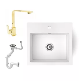 Gránit mosogató NERO Uno + Design Gold csaptelep (fehér)
