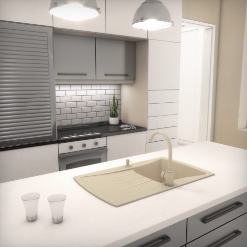 Gránit mosogatótálca NERO Venezia + rusztikus csaptelep + adagoló (bézs)