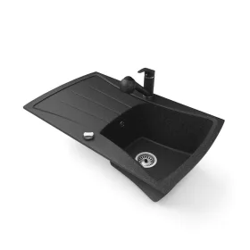   Gránit mosogatótálca NERO Venezia + kihúzható zuhanyfejes Shower csaptelep + dugókiemelő (fekete)