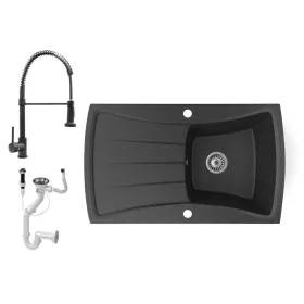   Gránit mosogatótálca NERO Venezia + kihúzható zuhanyfejes Spiral csaptelep + dugókiemelő (fekete)