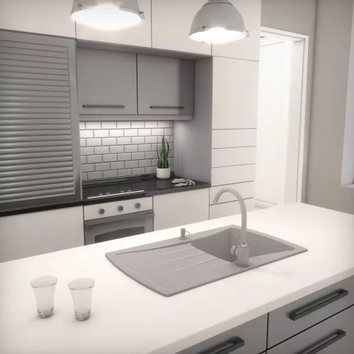 Gránit mosogatótálca NERO Venezia + rusztikus csaptelep + dugókiemelő (szürke)