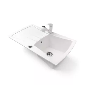   Gránit mosogatótálca NERO Venezia + kihúzható zuhanyfejes Shower csaptelep + dugókiemelő (fehér)