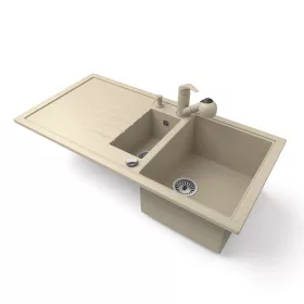   Gránit mosogató - Nero Solarys + kihúzható zuhanyfejes Shower csaptelep + adagoló + dugókiemelő (bézs)