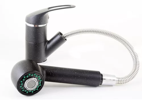 Gránit mosogató - Nero Solarys + kihúzható zuhanyfejes Shower csaptelep + dugókiemelő (fekete)