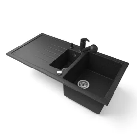   Gránit mosogató - Nero Solarys + kihúzható zuhanyfejes Shower csaptelep + adagoló + dugókiemelő (fekete)
