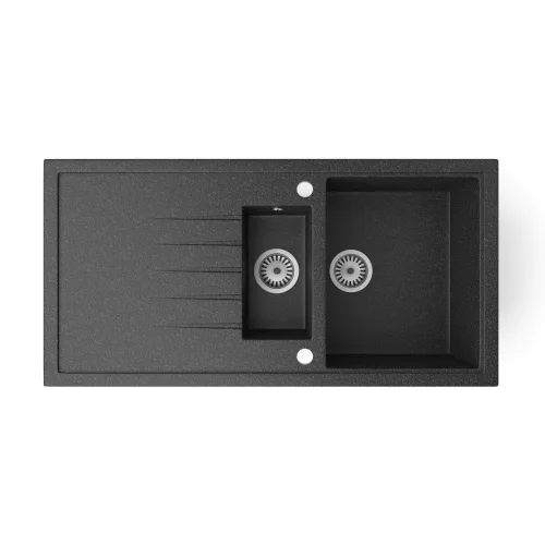 Gránit mosogató - Nero Solarys + kihúzható Linea csaptelep + adagoló + dugókiemelő (fekete)