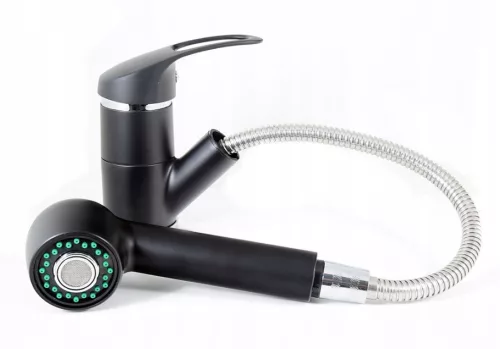Gránit mosogató - Nero Solarys + kihúzható zuhanyfejes Shower csaptelep + adagoló + dugókiemelő (matt fekete)