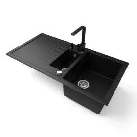   Gránit mosogató - Nero Solarys + Design csaptelep + adagoló + dugókiemelő (matt fekete)