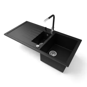   Gránit mosogató - Nero Solarys + kihúzható Linea csaptelep + adagoló + dugókiemelő (matt fekete)