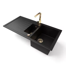   Gránit mosogató - Nero Solarys + Design Gold csaptelep + dugókiemelő (matt fekete)