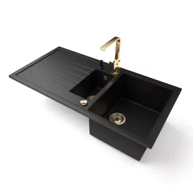   Gránit mosogató - Nero Solarys + Design Gold csaptelep + adagoló + dugókiemelő (matt fekete)