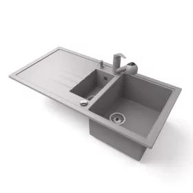   Gránit mosogató - Nero Solarys + kihúzható zuhanyfejes Shower csaptelep + adagoló + dugókiemelő (szürke)
