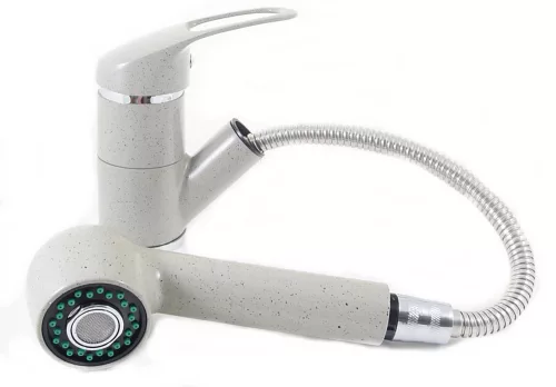 Gránit mosogató - Nero Solarys + kihúzható zuhanyfejes Shower csaptelep + adagoló + dugókiemelő (szürke)