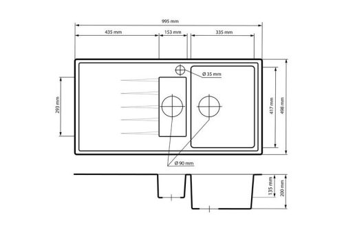 Gránit mosogató - Nero Solarys + kihúzható zuhanyfejes Snake csaptelep + dugókiemelő (szürke)
