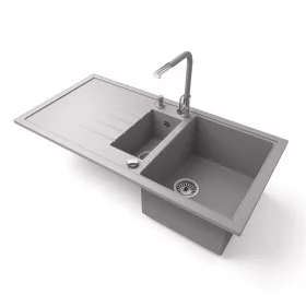   Gránit mosogató - Nero Solarys + kihúzható Linea csaptelep + adagoló + dugókiemelő (szürke)