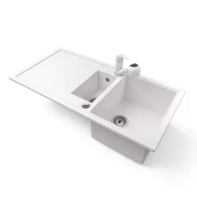  Gránit mosogató - Nero Solarys + kihúzható zuhanyfejes Shower csaptelep + dugókiemelő (fehér)